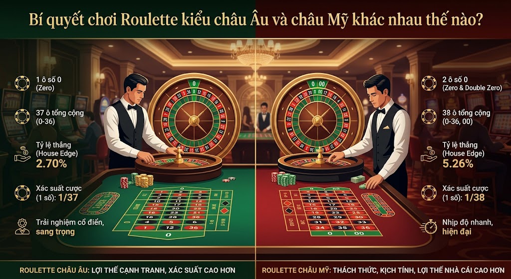 Bí quyết chơi Roulette kiểu châu Âu và châu Mỹ khác nhau thế nào?
