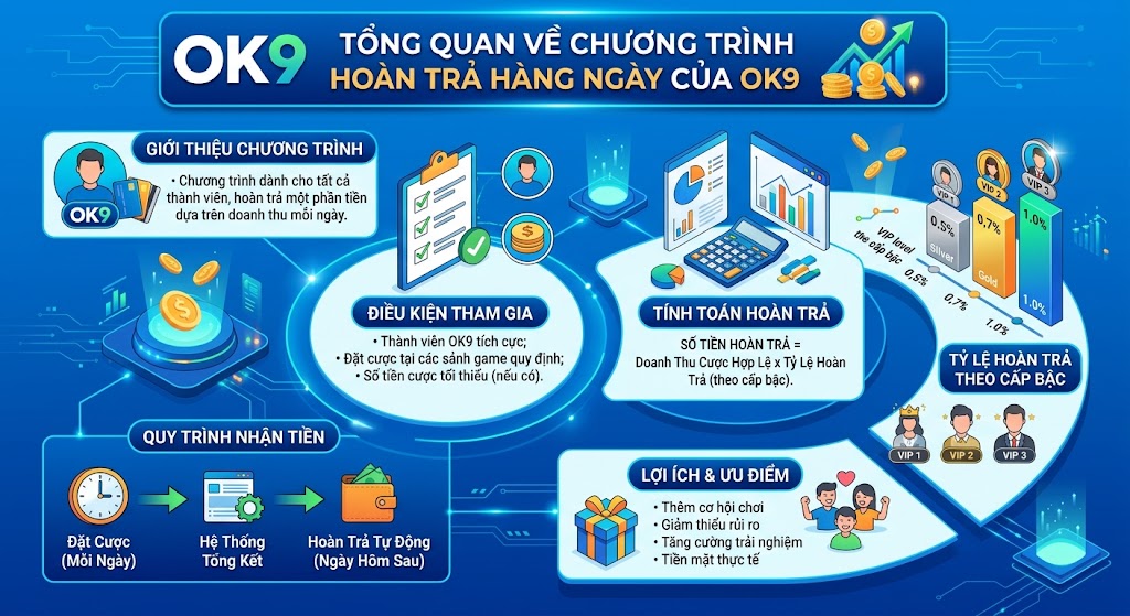 Hoàn trả hàng ngày tại ok9 – cược càng nhiều, hoàn trả càng cao.