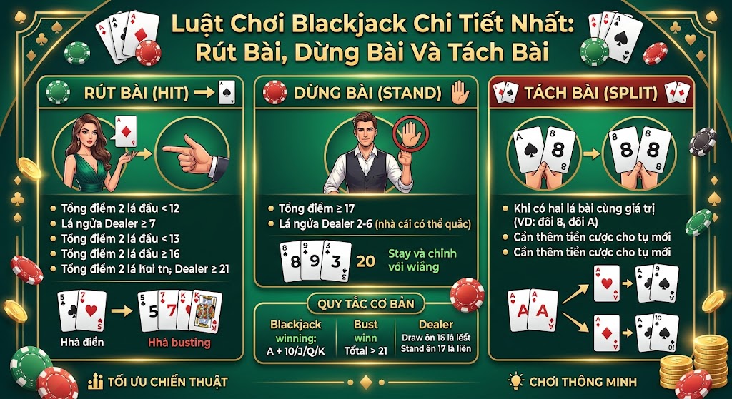 Luật Chơi Blackjack Chi Tiết Nhất: Rút Bài, Dừng Bài Và Tách Bài